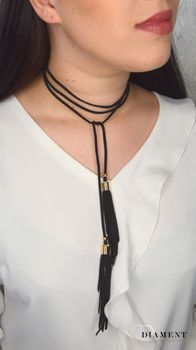 Naszyjnik choker czarny rzemyk z chwostami i złotymi dodatkami DIA-NSZ-0079-CZARNY. Ciekawy, oryginalny naszyjnik choker to dodatek idealny na lato. Choker to  (1).JPG
